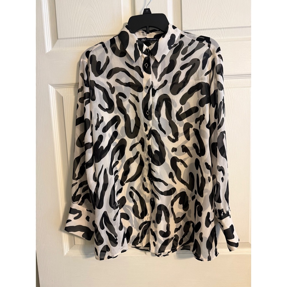 Zara Womens Abstract Animal Print Chiffon Button Down Blouse Black White Size M